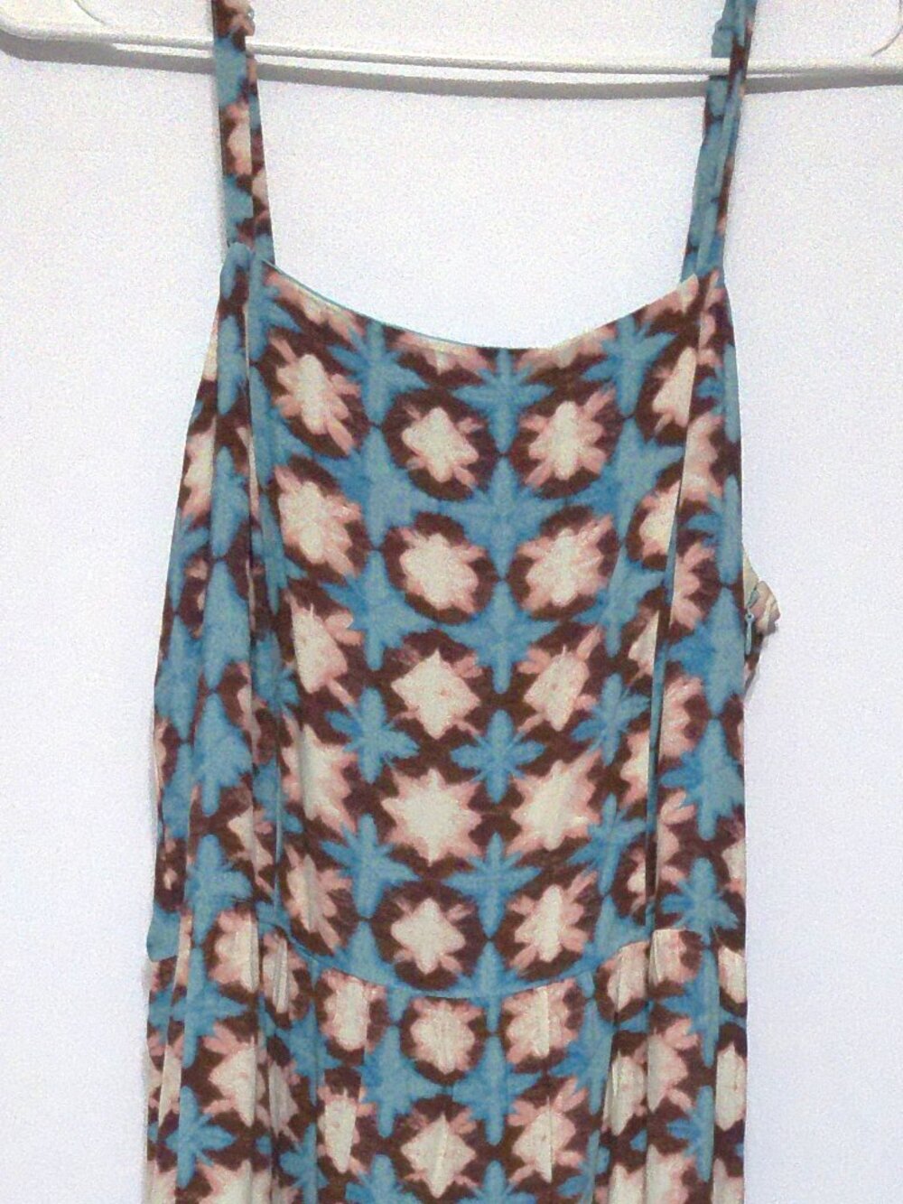 LOFT Size 4 Midi Dress Blue Brown Geometric Sleeveless Adjustable Strap Smocked